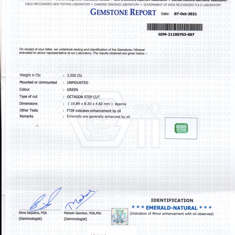 3.50 Ct GII Certified Untreated Natural Zambian Emerald Gemstones