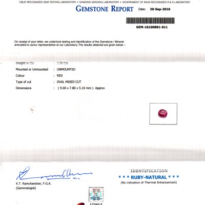 3.50 Ct GII Certified Unheated Untreated Natural Madagaskar Ruby AAAA