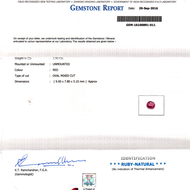 3.50 Ct GII Certified Unheated Untreated Natural Madagaskar Ruby AAAA