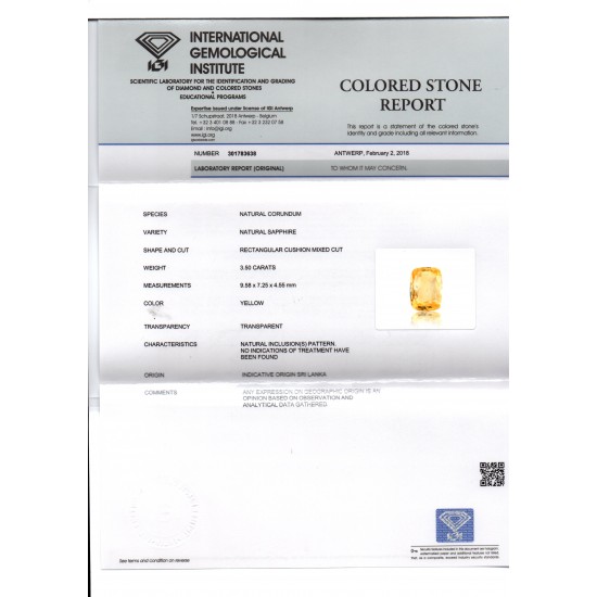 3.50 Ct IGI Certified Unheated Untreated Natural Ceylon Yellow Sapphire