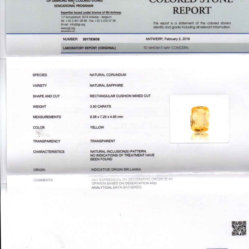 3.50 Ct IGI Certified Unheated Untreated Natural Ceylon Yellow Sapphire