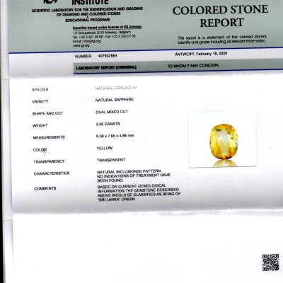 3.50 Ct IGI Certified Unheated Untreated Natural Ceylon Yellow Sapphire