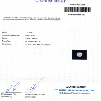 3.51 Ct GII Certified Unheated Untreated Natural Ceylon White Sapphire