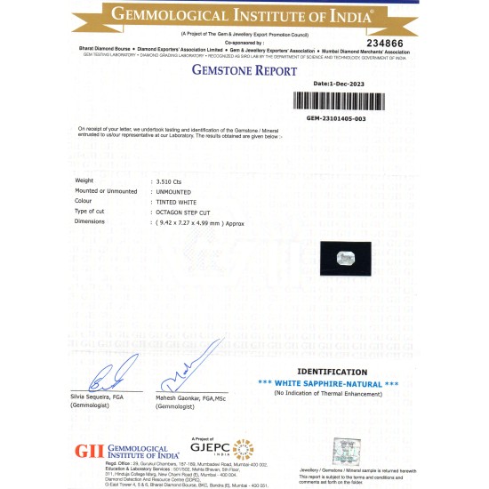 3.51 Ct GII Certified Unheated Untreated Natural Ceylon White Sapphire