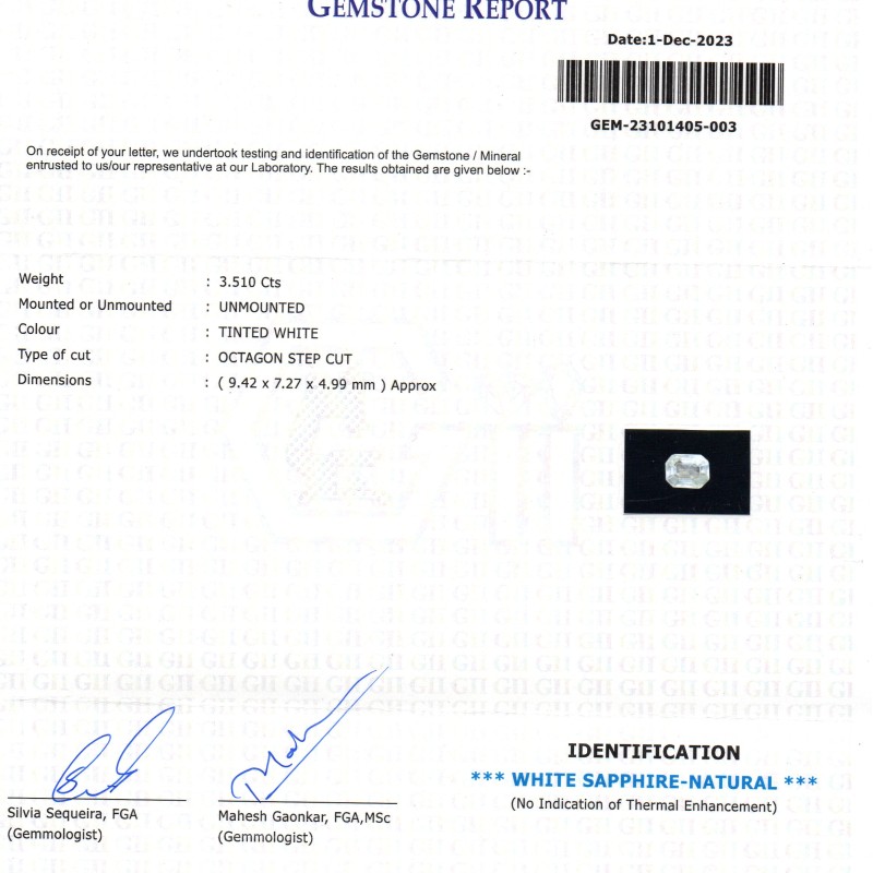 3.51 Ct GII Certified Unheated Untreated Natural Ceylon White Sapphire