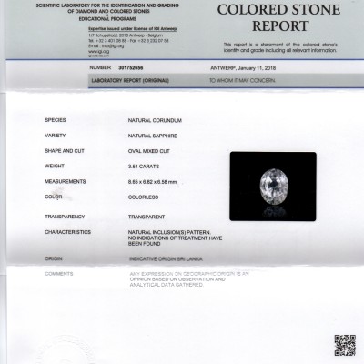 3.51 Ct Unheated Untreated IGI Certified Natural Ceylon White Sapphire 3.51 Ct Unheated Untreated IGI Certified Natural Ceylon White Sapphire