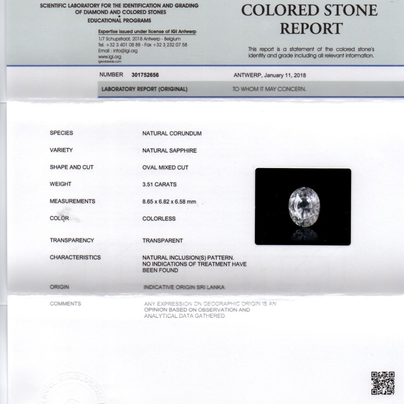 3.51 Ct Unheated Untreated IGI Certified Natural Ceylon White Sapphire 3.51 Ct Unheated Untreated IGI Certified Natural Ceylon White Sapphire