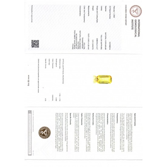 3.51 Ct IGI Certified Unheated Untreated Natural Ceylon Yellow Sapphire AAA