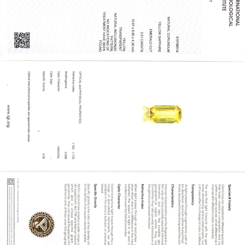 3.51 Ct IGI Certified Unheated Untreated Natural Ceylon Yellow Sapphire AAA 3.51 Ct IGI Certified Unheated Untreated Natural Ceylon Yellow Sapphire AAA