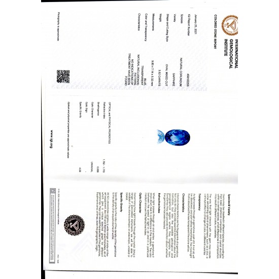 3.52 Ct IGI Certified Unheated Untreated Natural Ceylon Blue Sapphire AA
