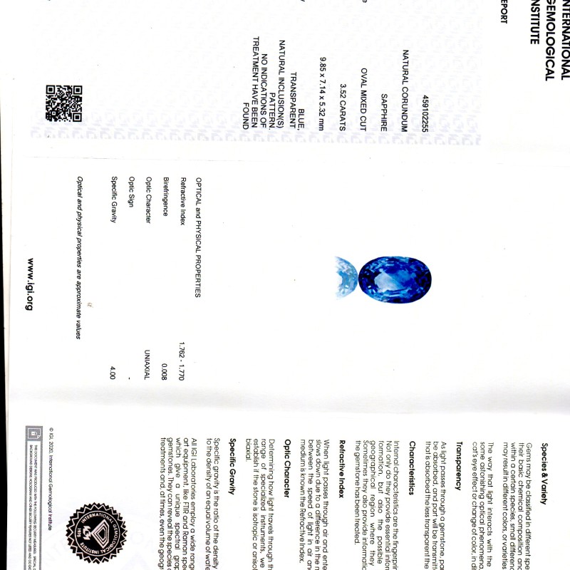3.52 Ct IGI Certified Unheated Untreated Natural Ceylon Blue Sapphire AA