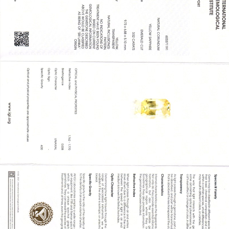 3.52 Ct IGI Certified Unheated Untreated Natural Ceylon Yellow Sapphire