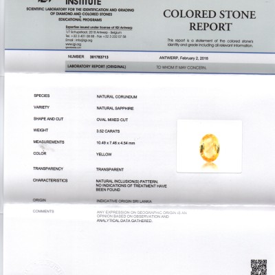 3.52 Ct IGI Certified Unheated Untreated Natural Ceylon Yellow Sapphire 3.52 Ct IGI Certified Unheated Untreated Natural Ceylon Yellow Sapphire