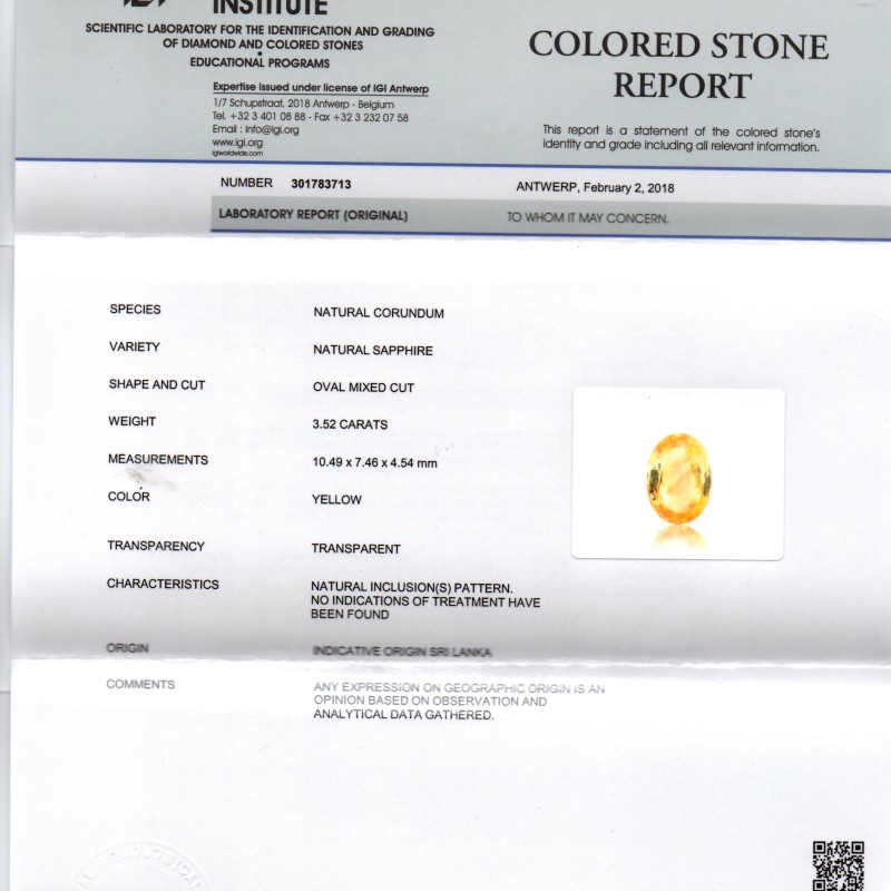 3.52 Ct IGI Certified Unheated Untreated Natural Ceylon Yellow Sapphire 3.52 Ct IGI Certified Unheated Untreated Natural Ceylon Yellow Sapphire