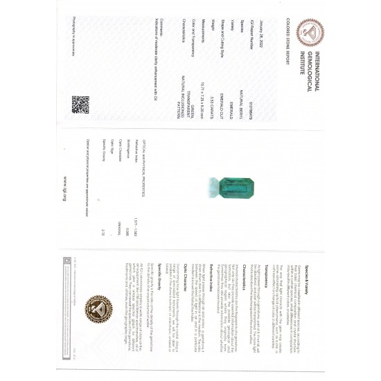 3.53 Ct IGI Certified Untreated Natural Zambian Emerald Gemstone