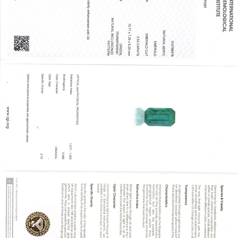 3.53 Ct IGI Certified Untreated Natural Zambian Emerald Gemstone 3.53 Ct IGI Certified Untreated Natural Zambian Emerald Gemstone