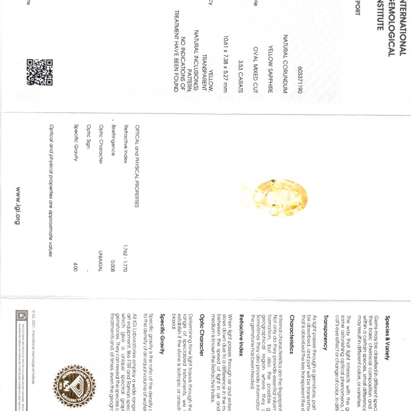 3.53 Ct IGI Certified Unheated Untreated Natural Ceylon Yellow Sapphire