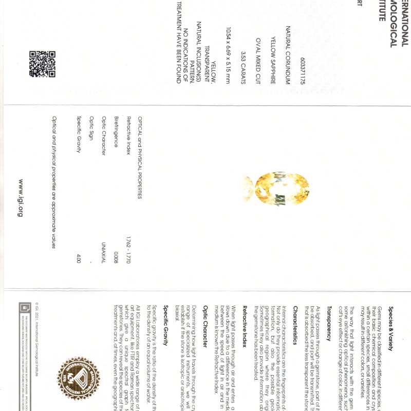 3.53 Ct IGI Certified Unheated Untreated Natural Ceylon Yellow Sapphire