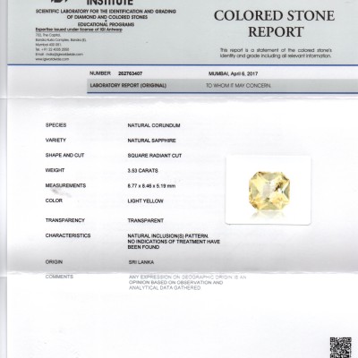 3.53 Ct IGI Certified Unheated Untreated Natural Ceylon Yellow Sapphire 3.53 Ct IGI Certified Unheated Untreated Natural Ceylon Yellow Sapphire