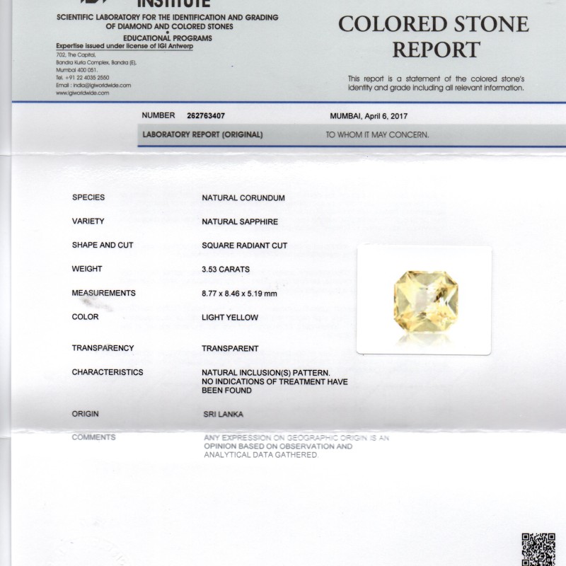 3.53 Ct IGI Certified Unheated Untreated Natural Ceylon Yellow Sapphire 3.53 Ct IGI Certified Unheated Untreated Natural Ceylon Yellow Sapphire