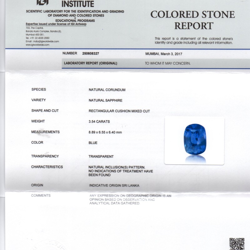 3.54 Ct IGI Certified Unheated Untreated Natural Ceylon Blue Sapphire 3.54 Ct IGI Certified Unheated Untreated Natural Ceylon Blue Sapphire