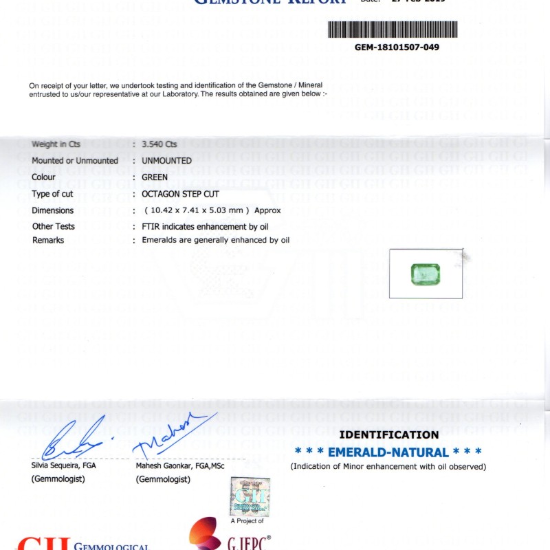 3.54 Ct Untreated Natural Zambian Emerald Gemstone Panna Gems AAA