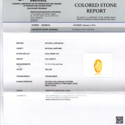 3.54 Ct IGI Certified Unheated Untreated Natural Ceylon Yellow Sapphire