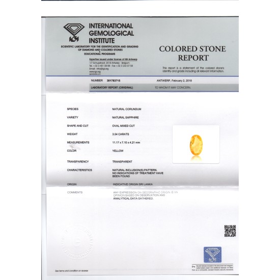 3.54 Ct IGI Certified Unheated Untreated Natural Ceylon Yellow Sapphire