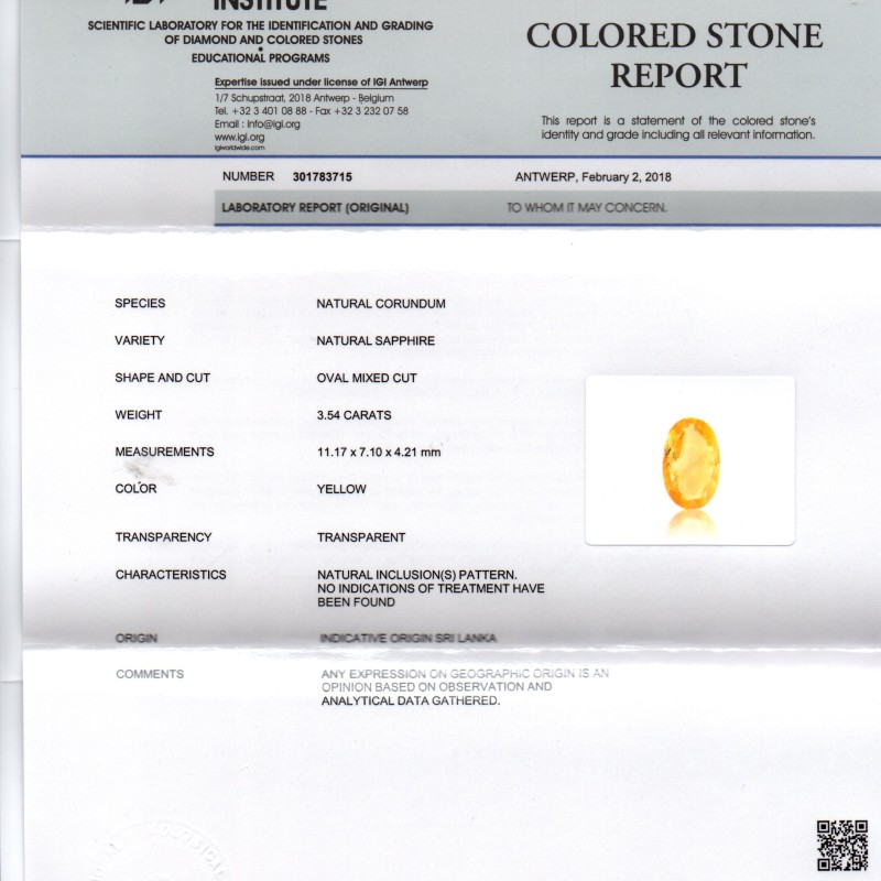 3.54 Ct IGI Certified Unheated Untreated Natural Ceylon Yellow Sapphire