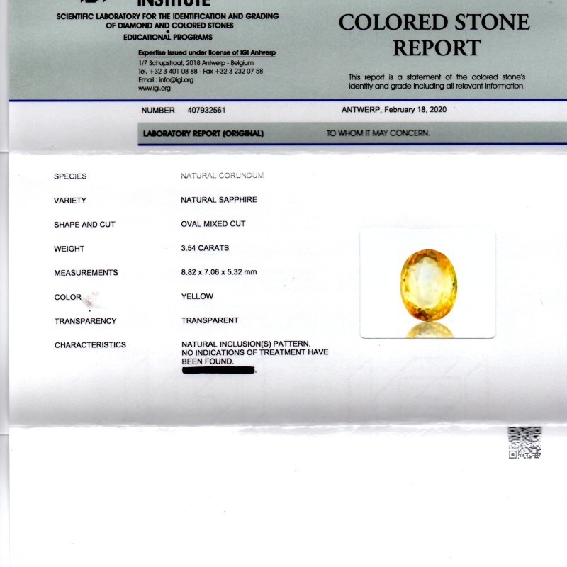 3.54 Ct IGI Certified Unheated Untreated Natural Ceylon Yellow Sapphire
