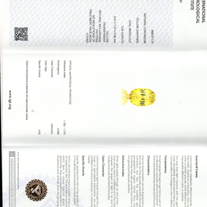 3.54 Ct IGI Certified Unheated Untreated Natural Ceylon Yellow Sapphire AAAAA