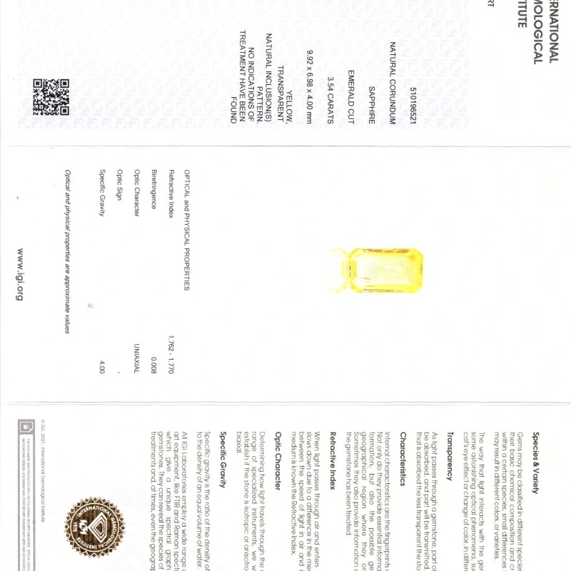 3.54 Ct IGI Certified Unheated Untreated Natural Ceylon Yellow Sapphire AAA