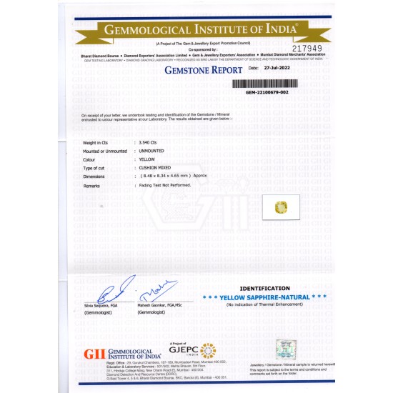 3.54 Ct GII Certified Unheated Untreated Natural Ceylon Yellow Sapphire