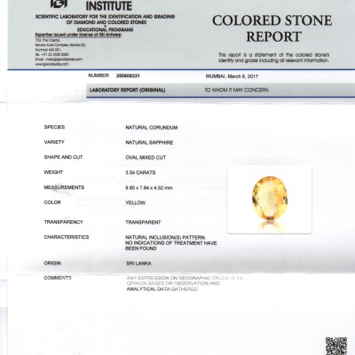 3.54 Ct IGI Certified Unheated Untreated Natural Ceylon Yellow Sapphire 3.54 Ct IGI Certified Unheated Untreated Natural Ceylon Yellow Sapphire