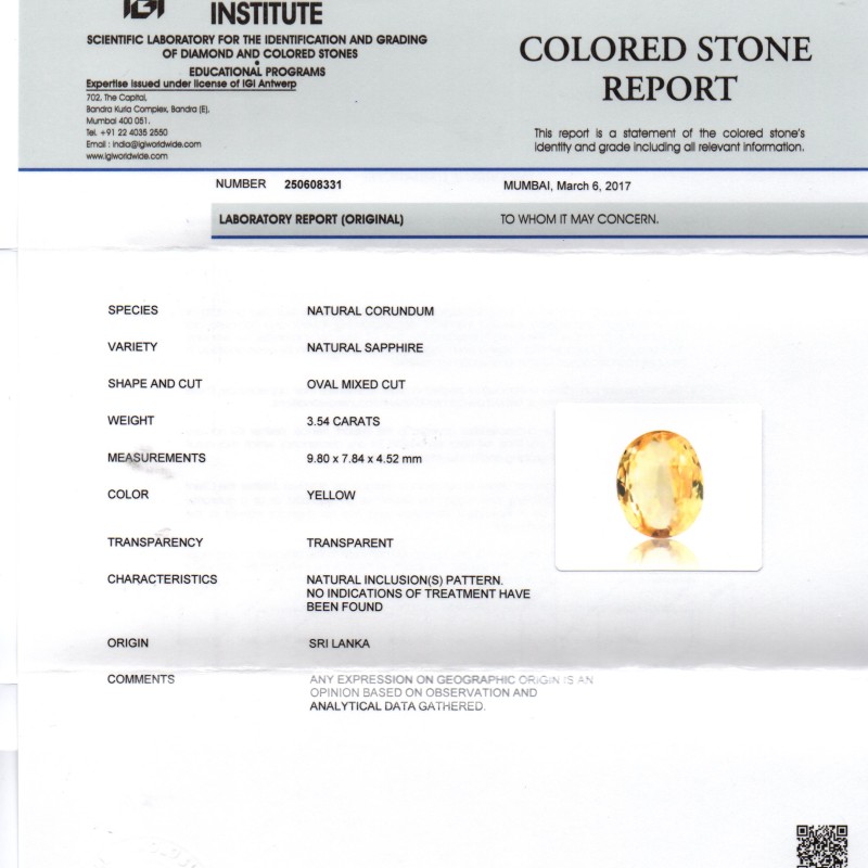 3.54 Ct IGI Certified Unheated Untreated Natural Ceylon Yellow Sapphire 3.54 Ct IGI Certified Unheated Untreated Natural Ceylon Yellow Sapphire