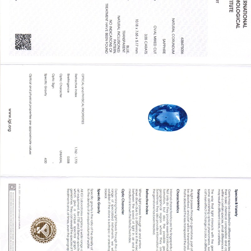 3.55 Ct IGI Certified Unheated Untreated Natural Ceylon Blue Sapphire 3.55 Ct IGI Certified Unheated Untreated Natural Ceylon Blue Sapphire