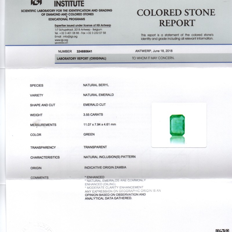 3.55 Ct IGI Certified Untreated Natural Zambian Emerald Gemstone AAA 3.55 Ct IGI Certified Untreated Natural Zambian Emerald Gemstone AAA