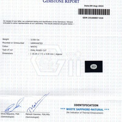 3.55 Ct GII Certified Unheated Untreated Natural Ceylon White Sapphire AAA 3.55 Ct GII Certified Unheated Untreated Natural Ceylon White Sapphire AAA