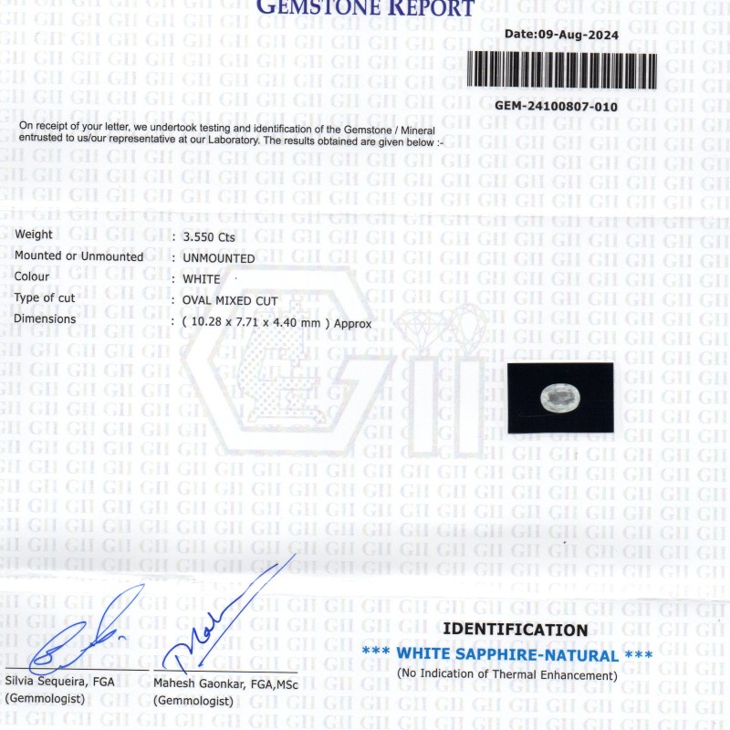 3.55 Ct GII Certified Unheated Untreated Natural Ceylon White Sapphire AAA 3.55 Ct GII Certified Unheated Untreated Natural Ceylon White Sapphire AAA