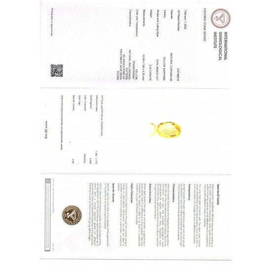 3.55 Ct IGI Certified Unheated Untreated Natural Ceylon Yellow Sapphire AAA