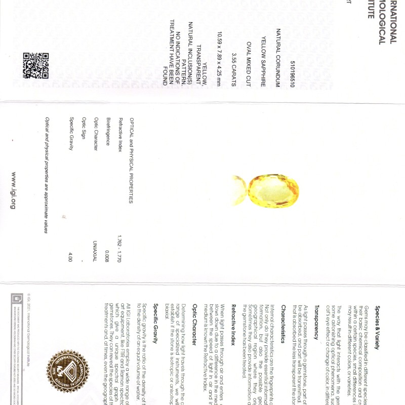 3.55 Ct IGI Certified Unheated Untreated Natural Ceylon Yellow Sapphire AAA