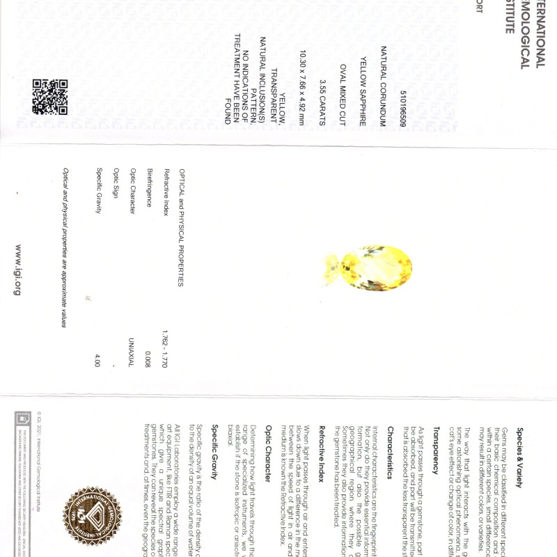 3.55 Ct IGI Certified Unheated Untreated Natural Ceylon Yellow Sapphire AAA