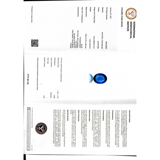3.56 Ct IGI Certified Unheated Untreated Natural Ceylon Blue Sapphire AAA