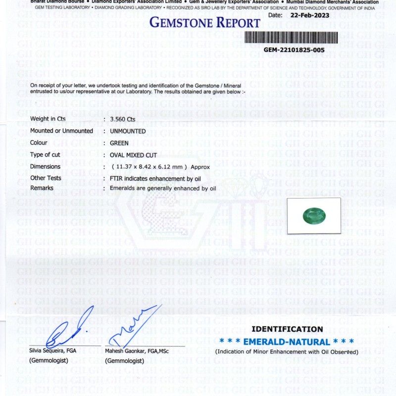 3.56 Ct GII Certified Untreated Natural Zambian Emerald Gemstone Panna AA