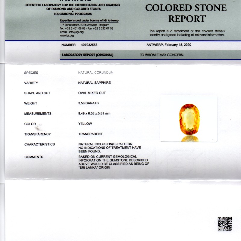 3.56 Ct IGI Certified Unheated Untreated Natural Ceylon Yellow Sapphire