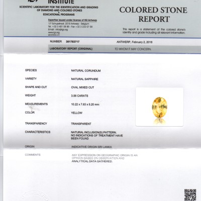 3.56 Ct IGI Certified Unheated Untreated Natural Ceylon Yellow Sapphire 3.56 Ct IGI Certified Unheated Untreated Natural Ceylon Yellow Sapphire