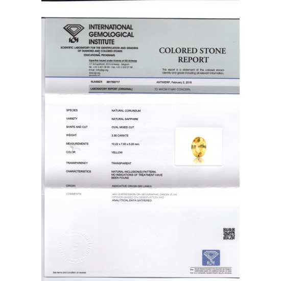 3.56 Ct IGI Certified Unheated Untreated Natural Ceylon Yellow Sapphire