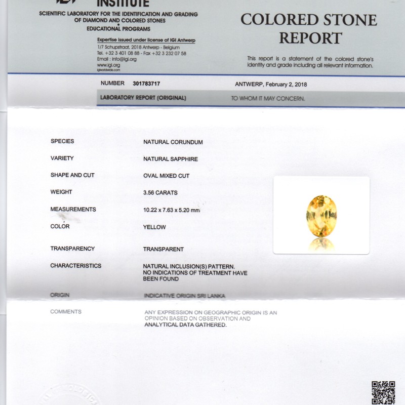 3.56 Ct IGI Certified Unheated Untreated Natural Ceylon Yellow Sapphire 3.56 Ct IGI Certified Unheated Untreated Natural Ceylon Yellow Sapphire