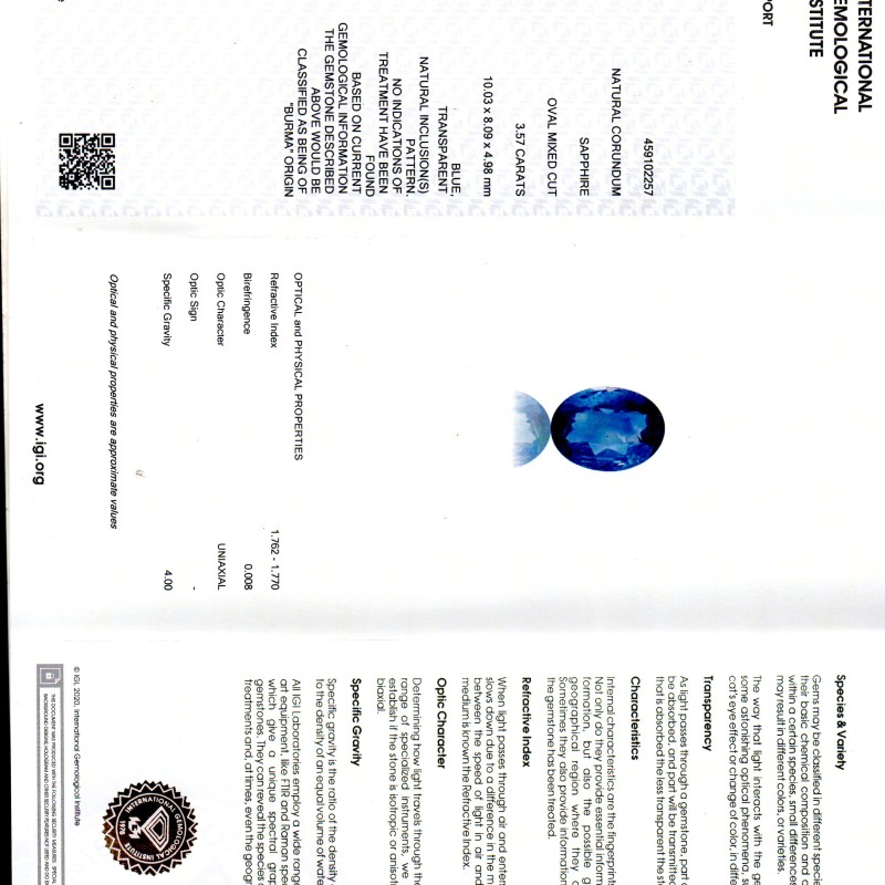 3.57 Ct IGI Certified Unheated Untreated Natural Burma Blue Sapphire AAA 3.57 Ct IGI Certified Unheated Untreated Natural Burma Blue Sapphire AAA
