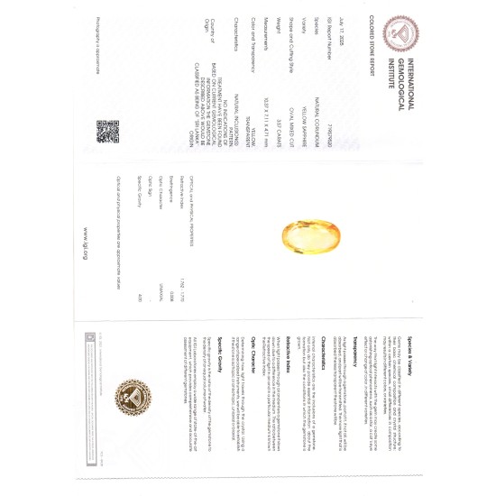 3.57 Ct IGI Certified Unheated Untreated Natural Ceylon Yellow Sapphire